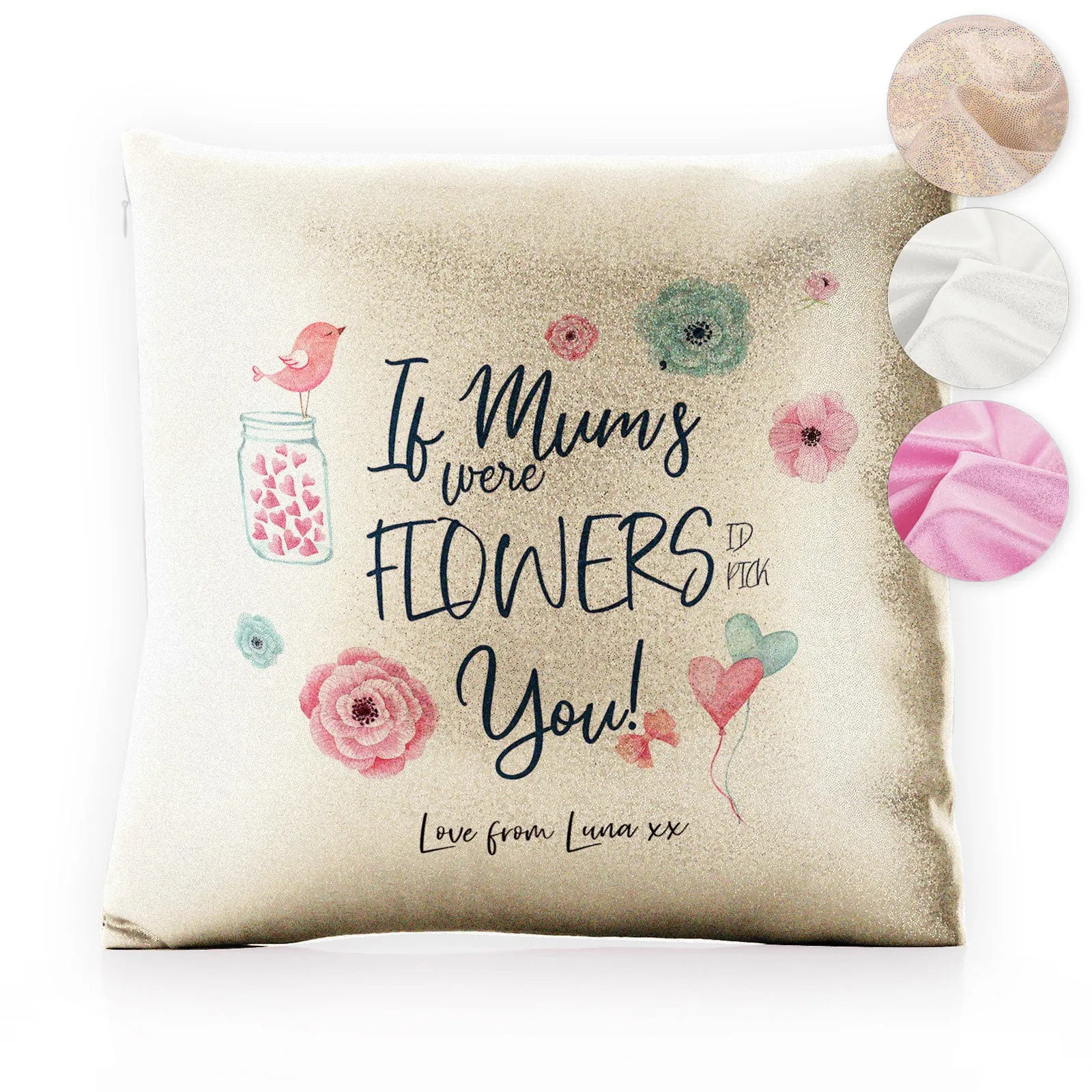 Personalised Glitter Cushion with Stylish Text and Flowers Love Message