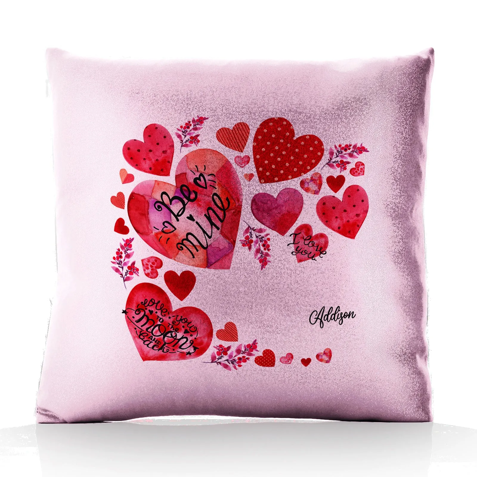 Personalised Glitter Cushion with Stylish Text and Material Hearts Love Message Print