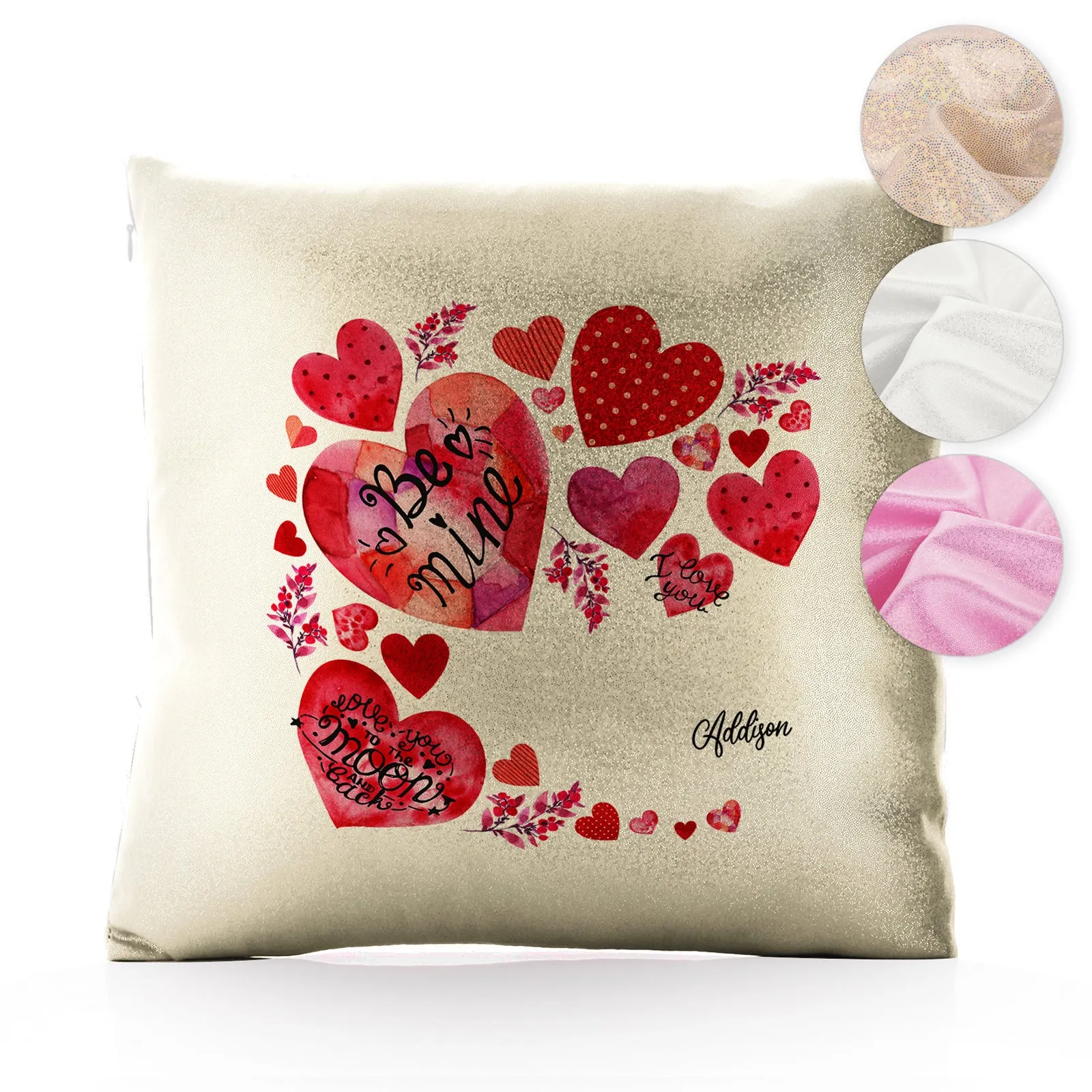 Personalised Glitter Cushion with Stylish Text and Material Hearts Love Message Print