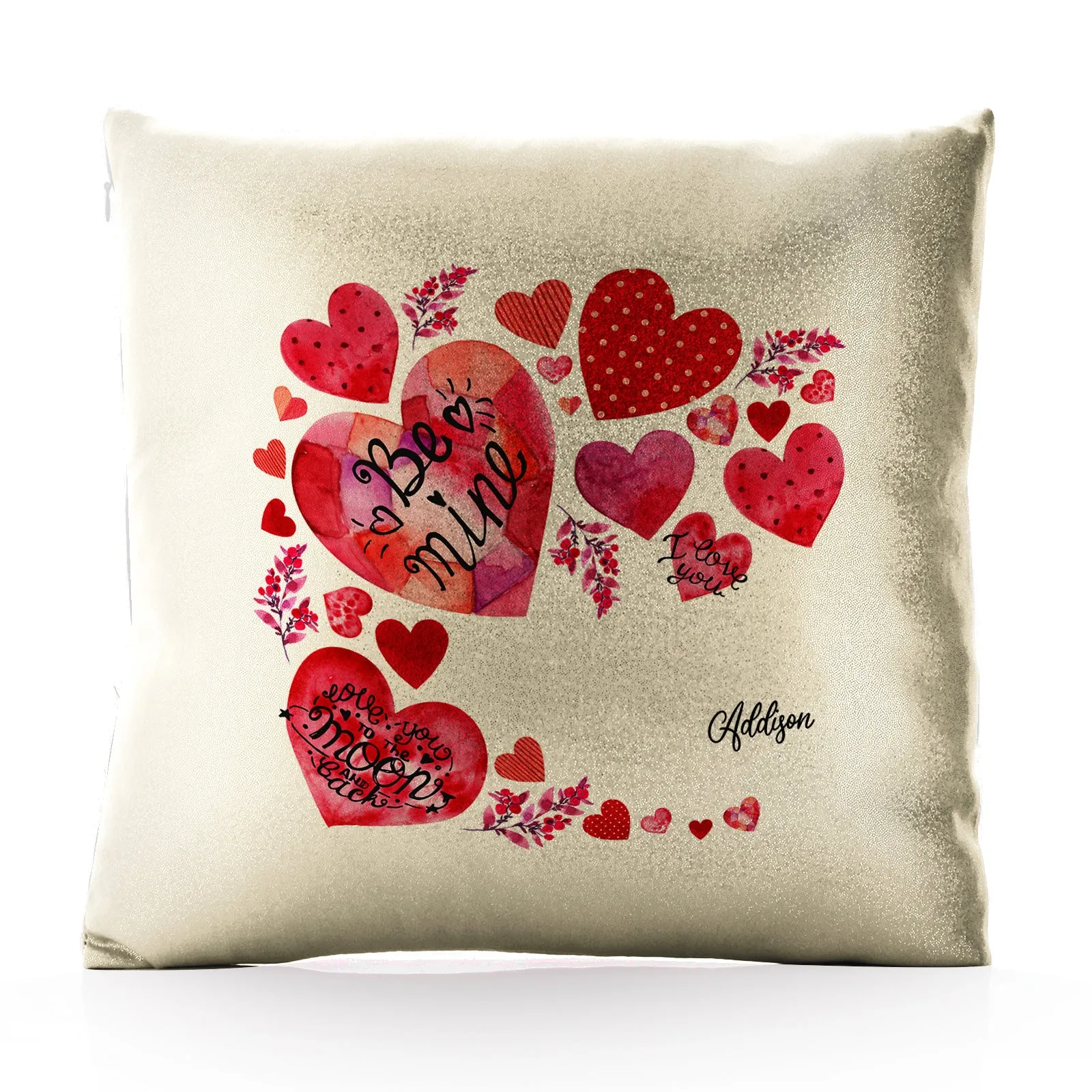 Personalised Glitter Cushion with Stylish Text and Material Hearts Love Message Print