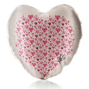 Personalised Glitter Heart Cushion with Stylish Text and Valentine Hearts Print