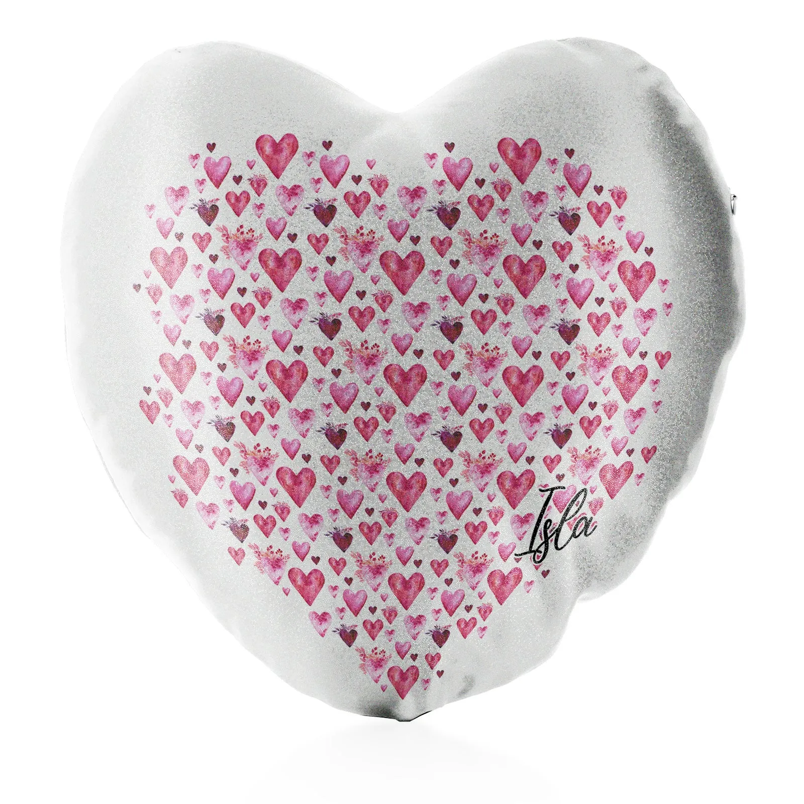 Personalised Glitter Heart Cushion with Stylish Text and Valentine Hearts Print