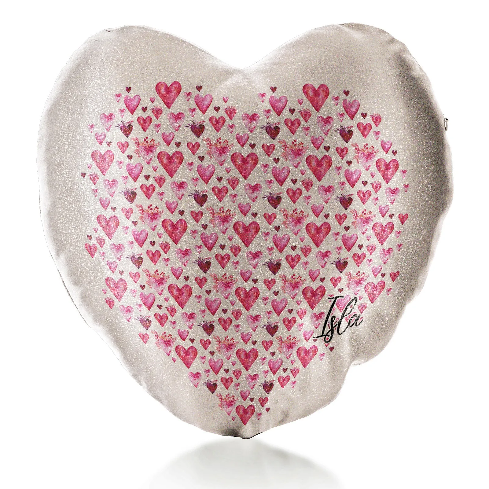Personalised Glitter Heart Cushion with Stylish Text and Valentine Hearts Print