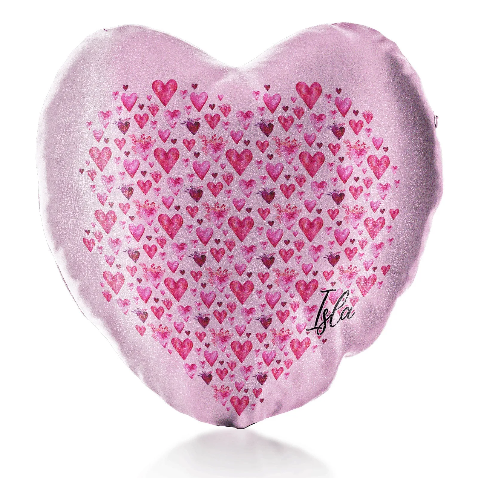 Personalised Glitter Heart Cushion with Stylish Text and Valentine Hearts Print