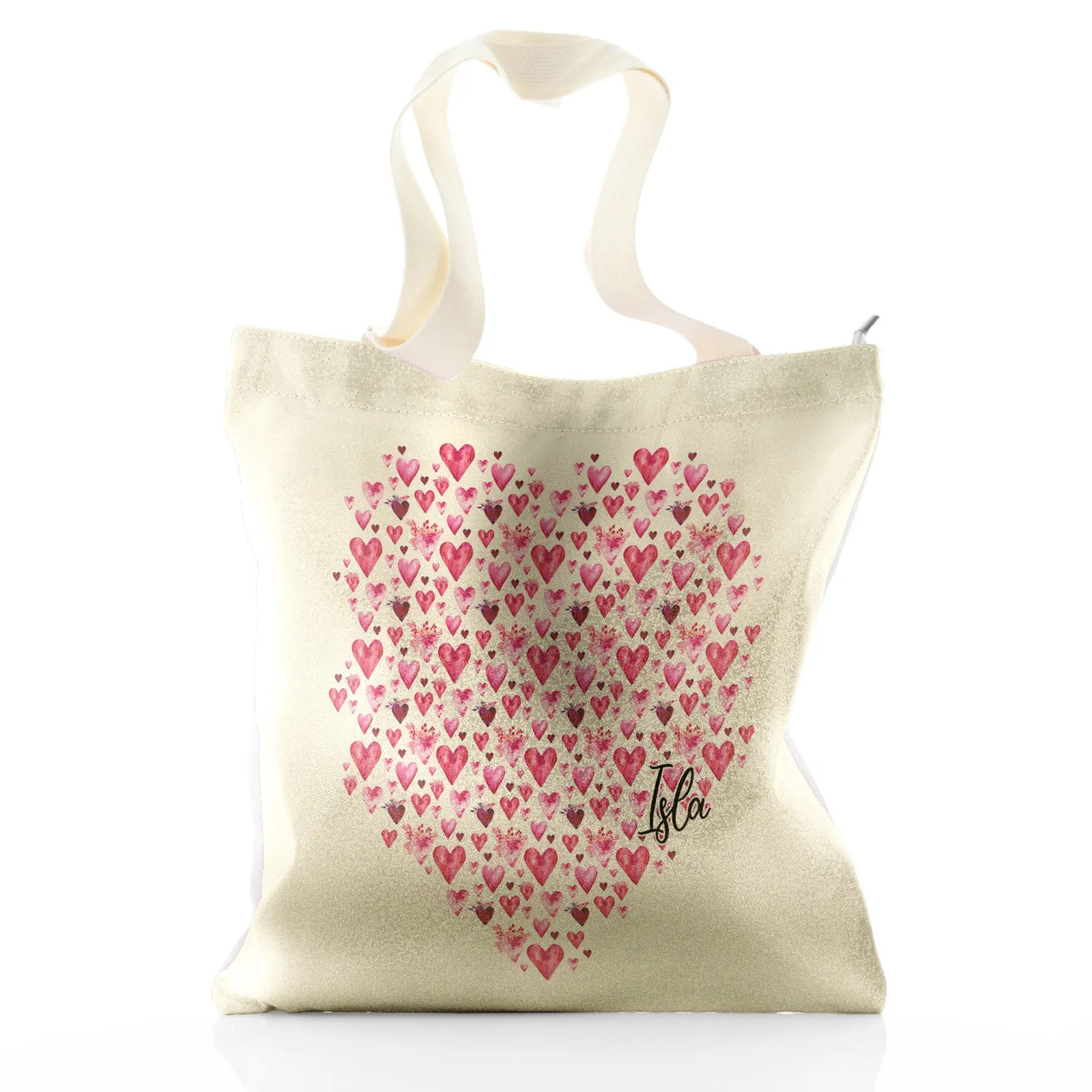 Personalised Glitter Tote Bag with Stylish Text and Valentine Hearts Print