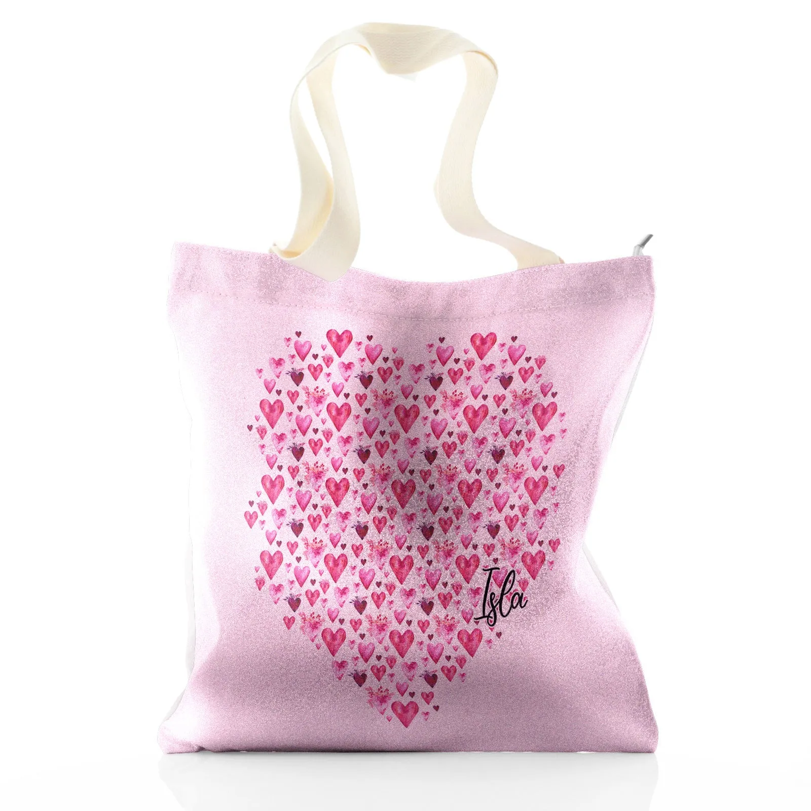 Personalised Glitter Tote Bag with Stylish Text and Valentine Hearts Print