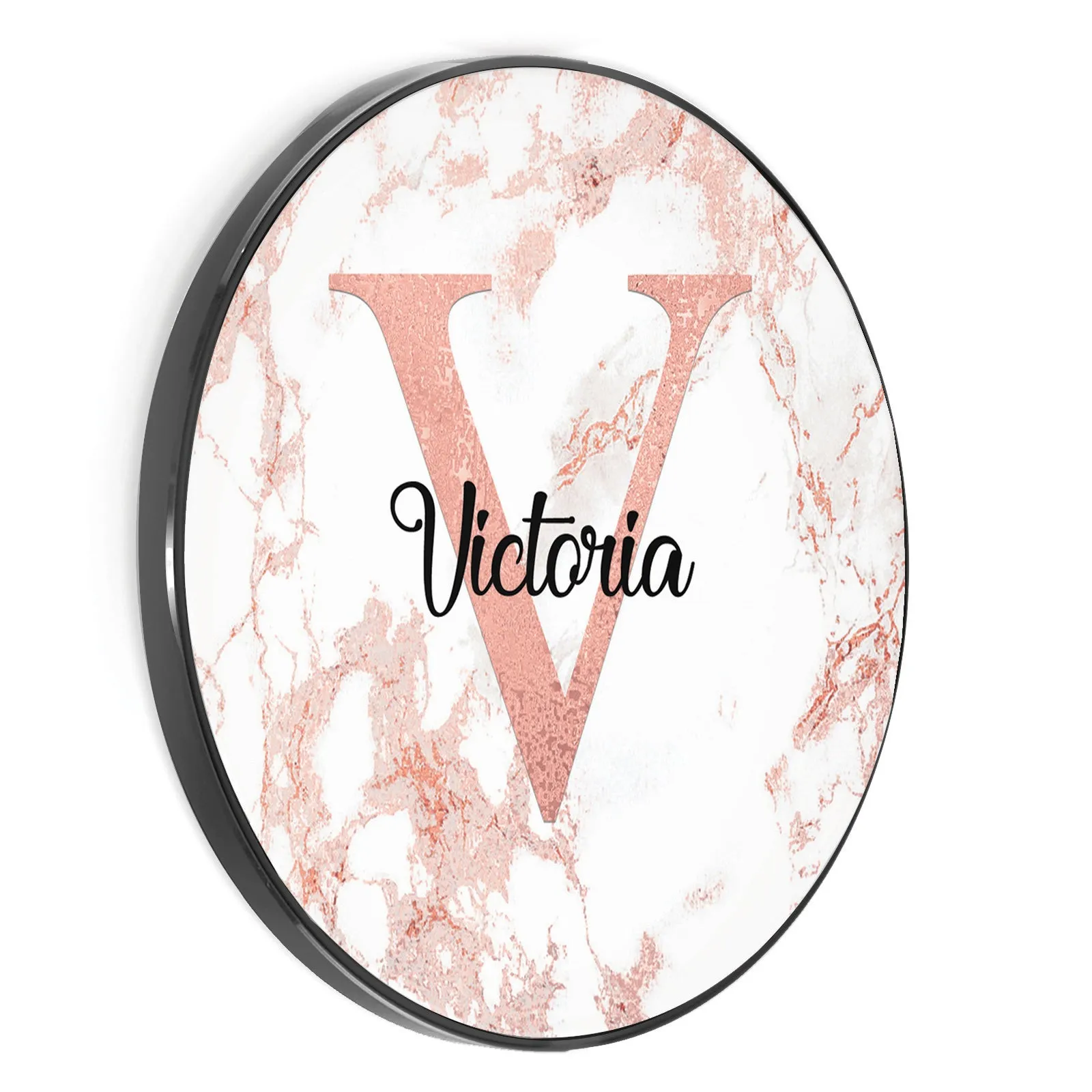 Personalised Wireless Charger with Stylish Monogram and Text on Pink Marble