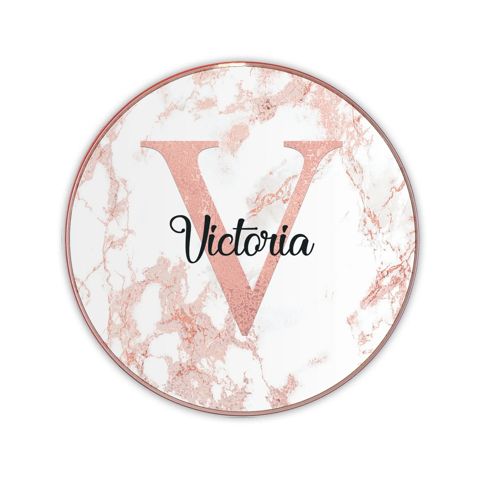 Personalised Wireless Charger with Stylish Monogram and Text on Pink Marble
