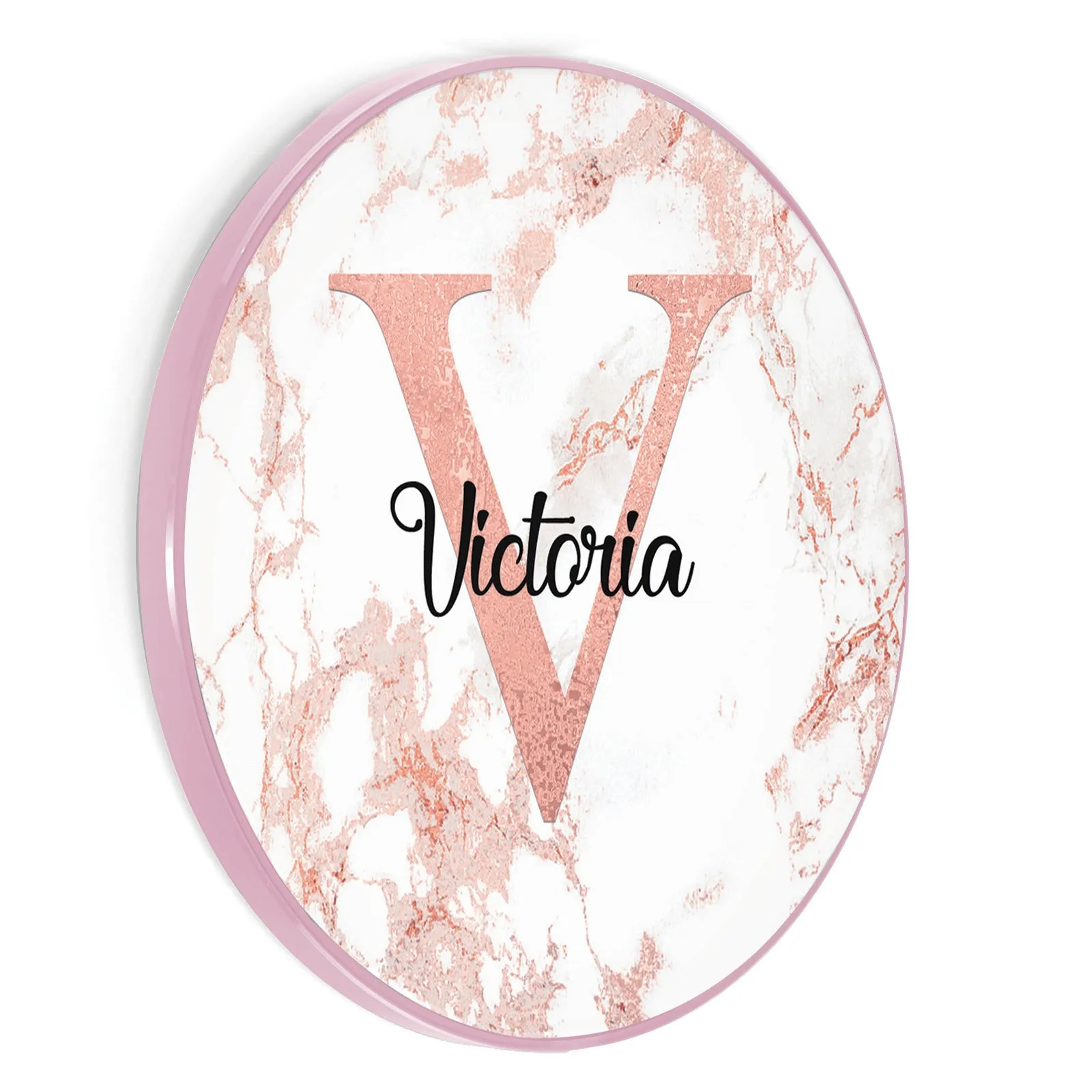 Personalised Wireless Charger with Stylish Monogram and Text on Pink Marble