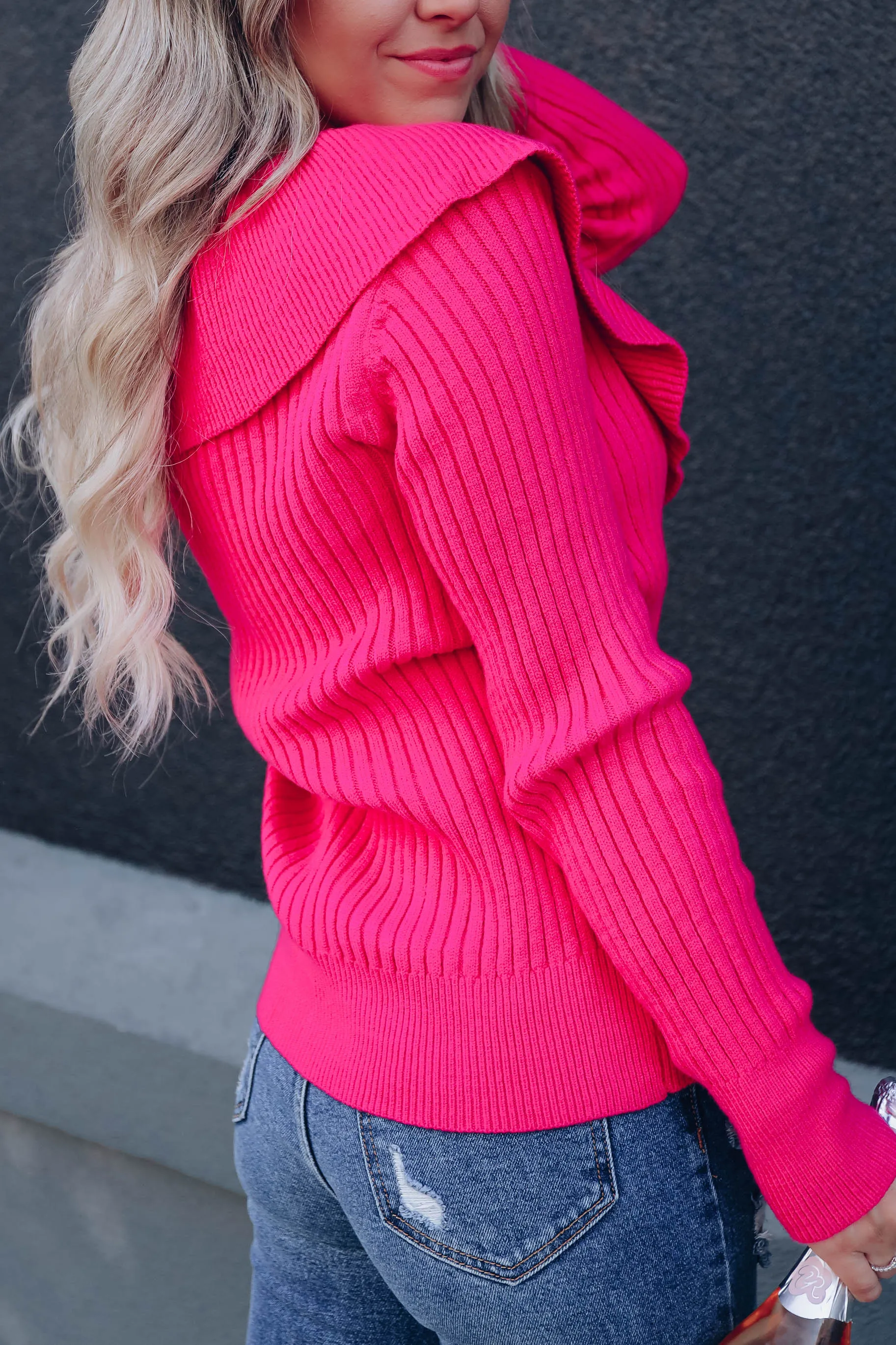 Regina Ruffle Collared Sweater - Hot Pink