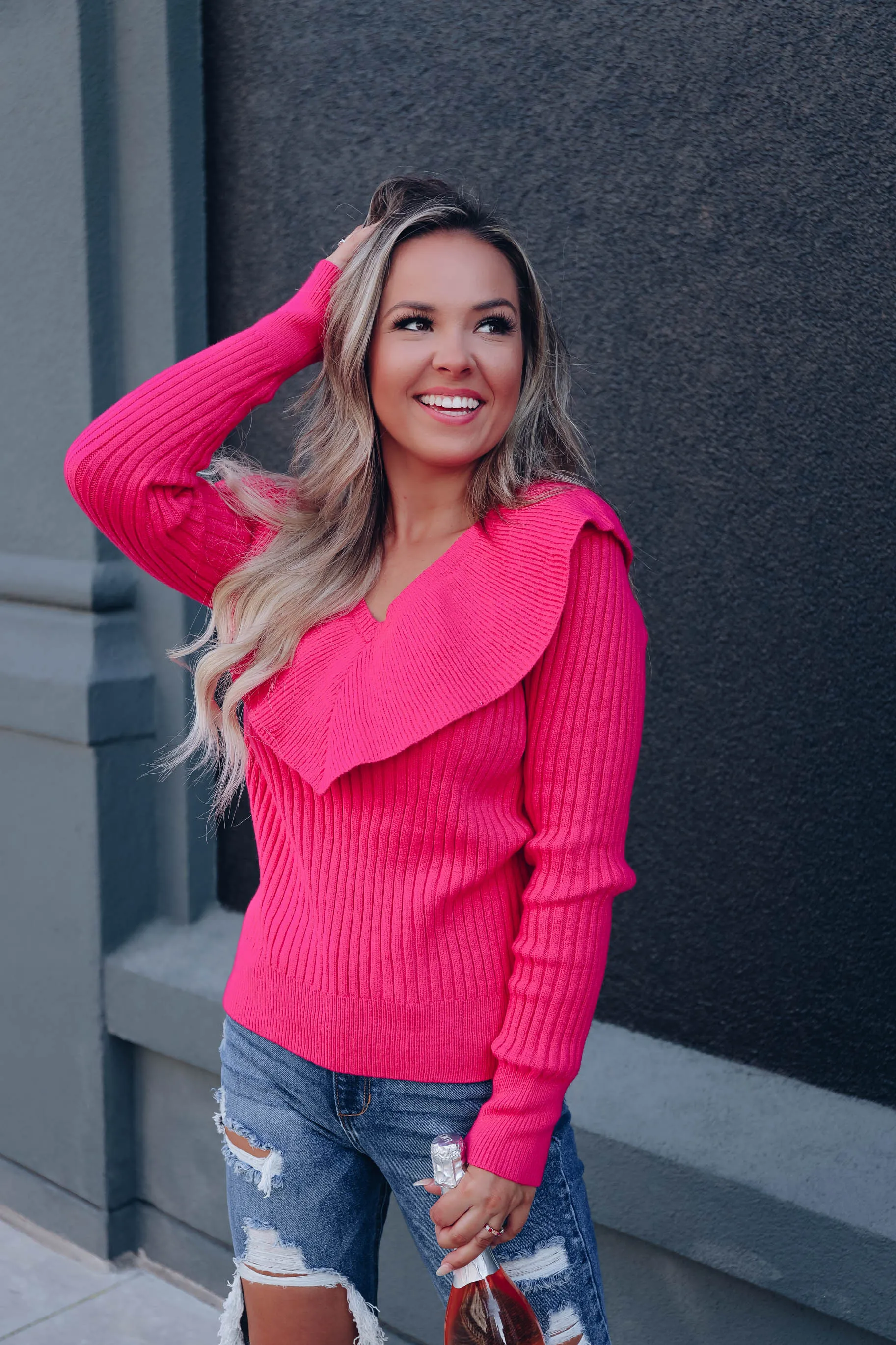 Regina Ruffle Collared Sweater - Hot Pink