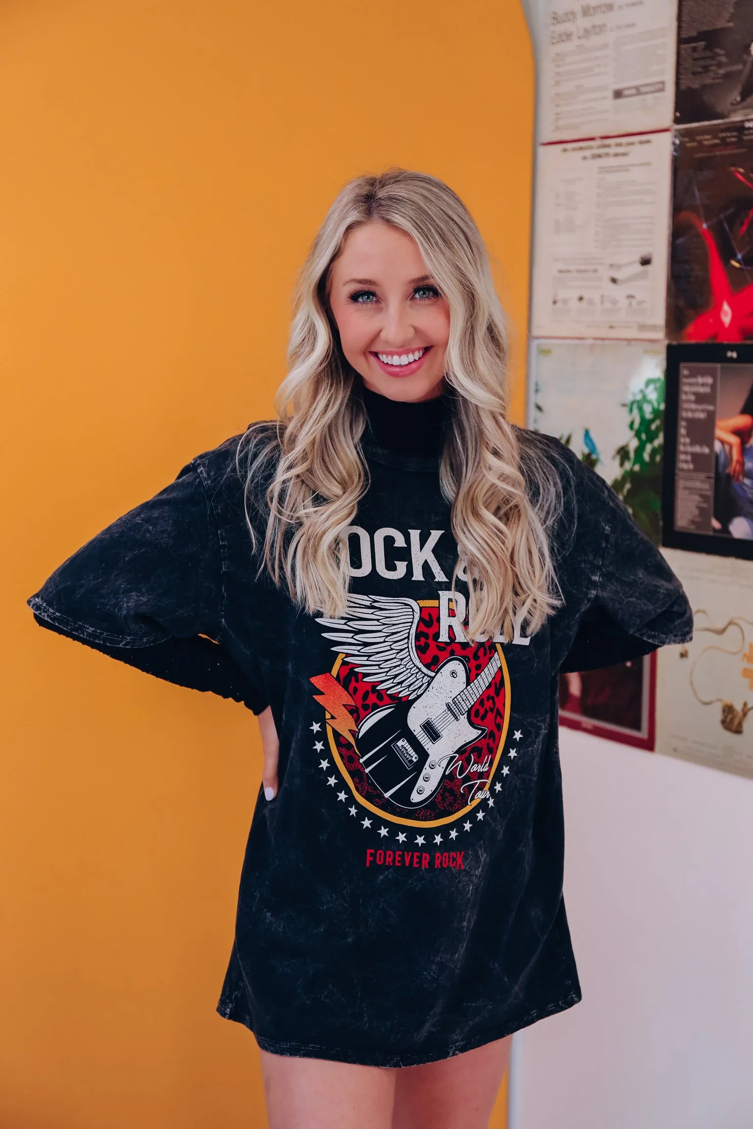 Rock & Roll Mineral Wash Graphic Tee - Black