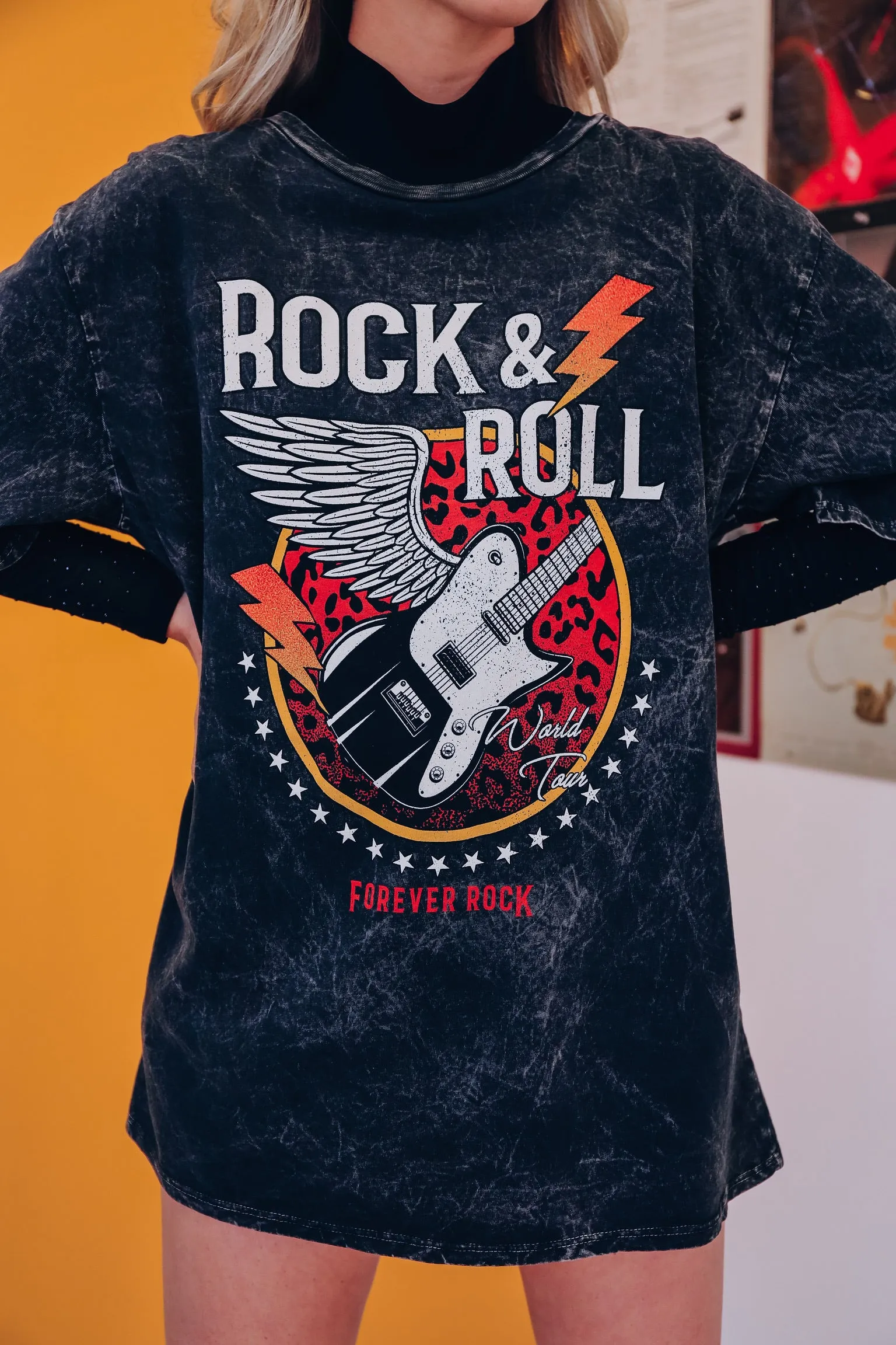 Rock & Roll Mineral Wash Graphic Tee - Black