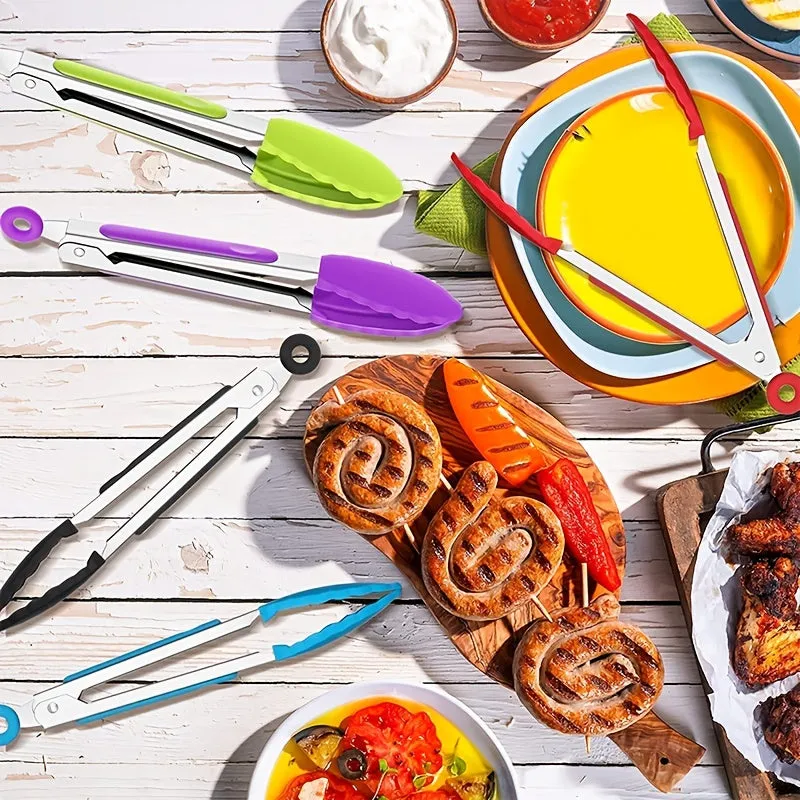 Set of 5 Cooking Tongs - 7 Inch Stainless Steel with Silicone Tips for Serving, Barbecue, Salad, Ice, Oven and More