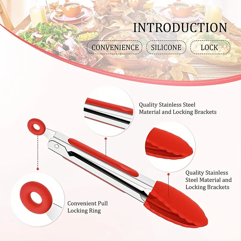 Set of 5 Cooking Tongs - 7 Inch Stainless Steel with Silicone Tips for Serving, Barbecue, Salad, Ice, Oven and More