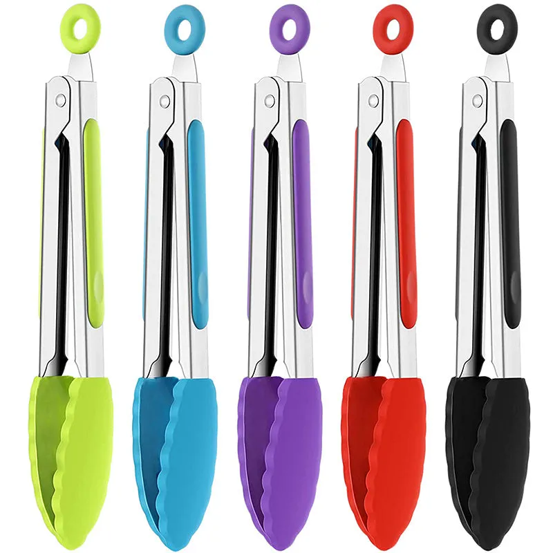 Set of 5 Cooking Tongs - 7 Inch Stainless Steel with Silicone Tips for Serving, Barbecue, Salad, Ice, Oven and More