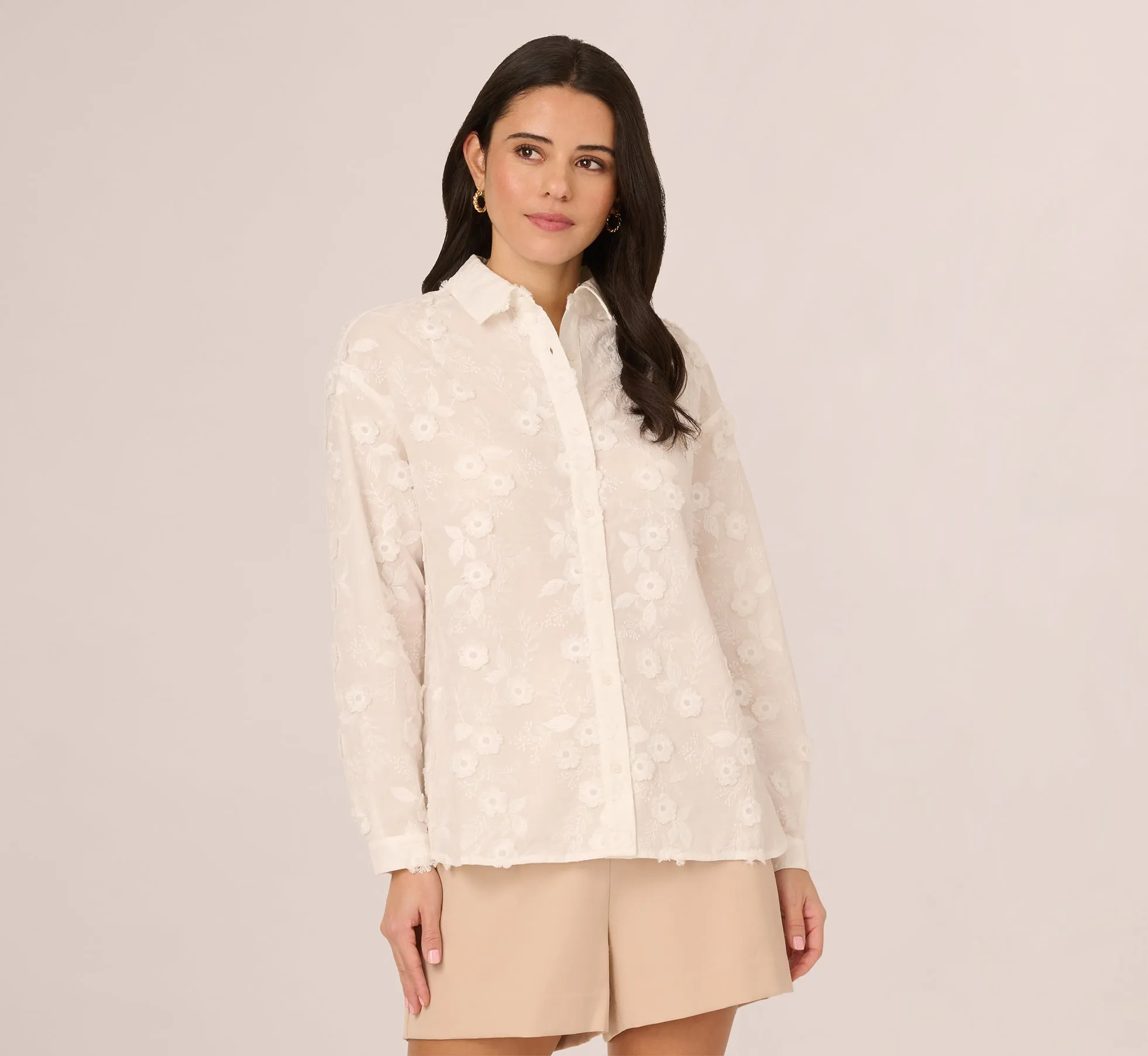 Sheer Cotton Floral Button Front Blouse In White