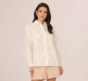 Sheer Cotton Floral Button Front Blouse In White