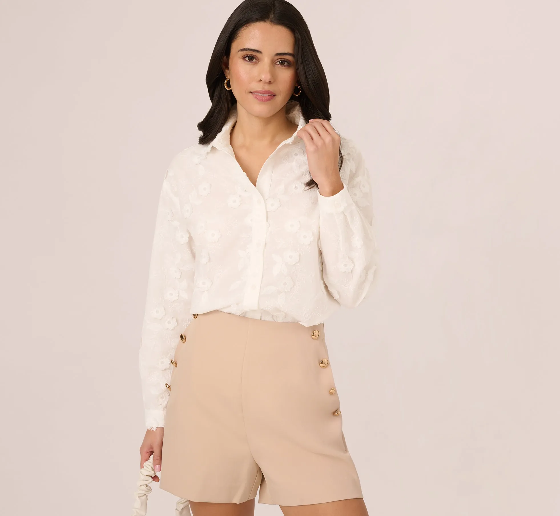 Sheer Cotton Floral Button Front Blouse In White