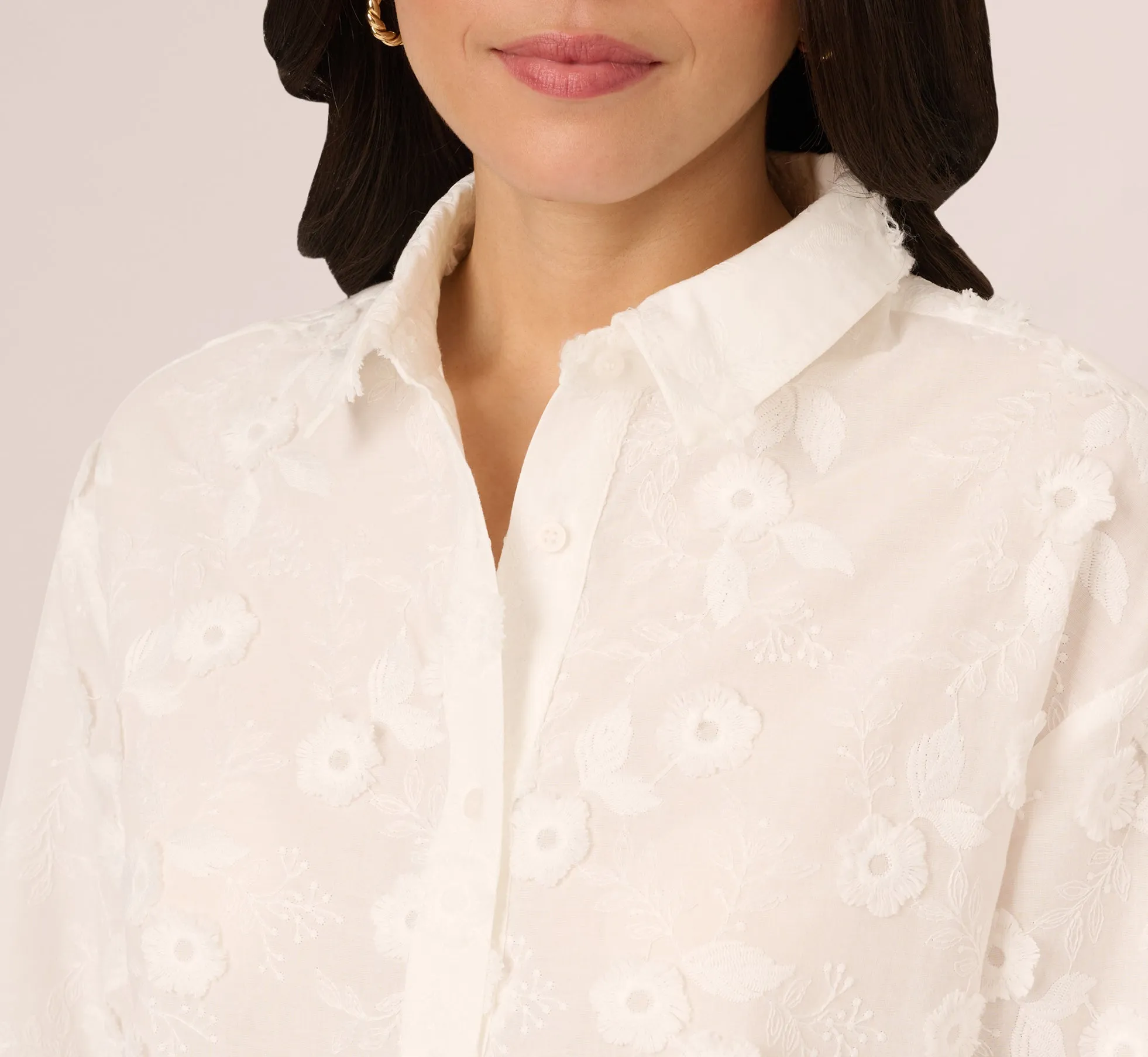 Sheer Cotton Floral Button Front Blouse In White