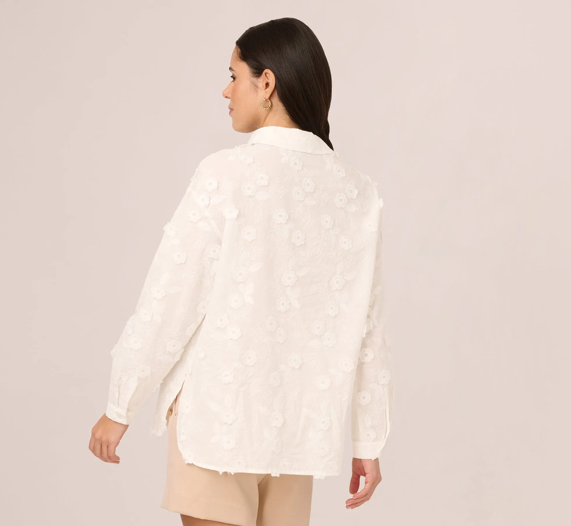Sheer Cotton Floral Button Front Blouse In White