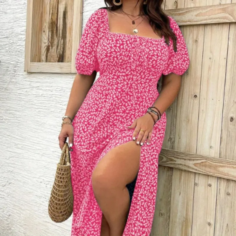 Short Sleeve Split Floral Print Dress