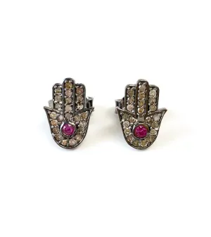 Small Diamond & Ruby Hamsa Stud Earrings