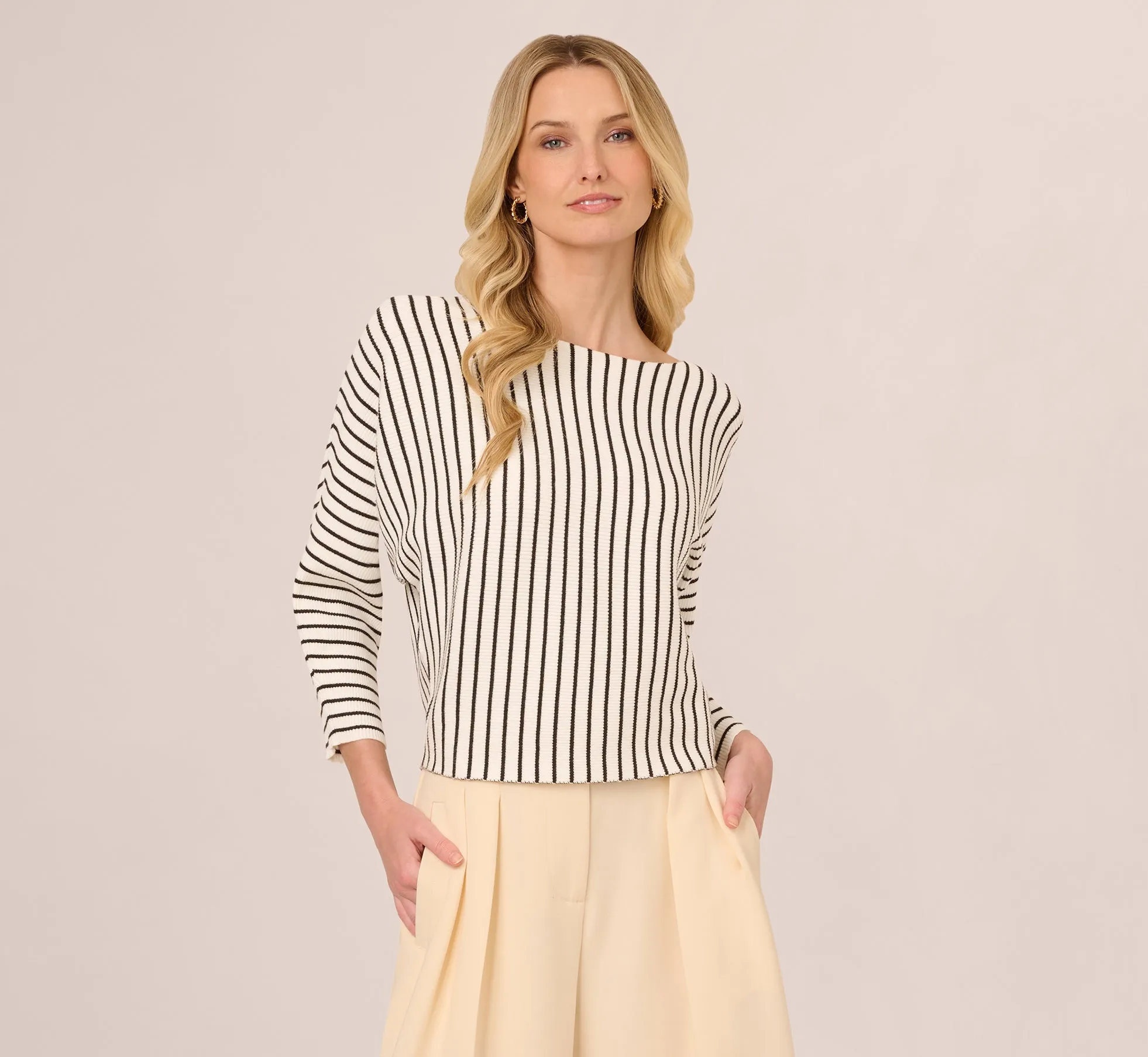 Striped Rib Knit Dolman Sleeve Sweater In Ivory Black