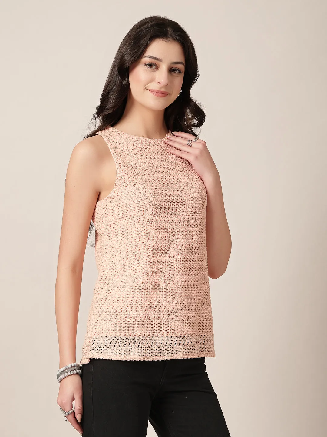 Style Quotient Women Peach Solid Self Design Top