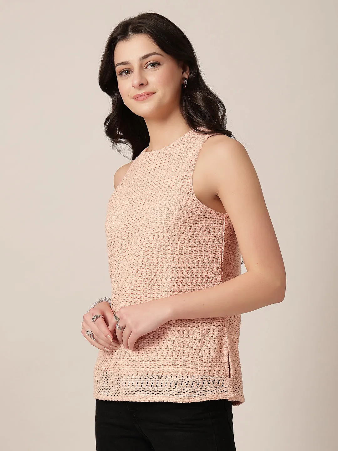 Style Quotient Women Peach Solid Self Design Top