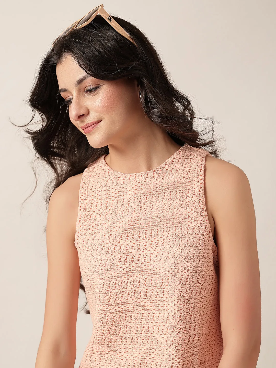 Style Quotient Women Peach Solid Self Design Top