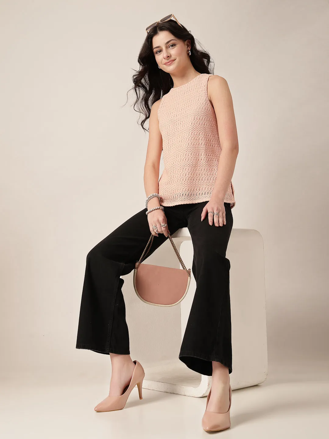 Style Quotient Women Peach Solid Self Design Top