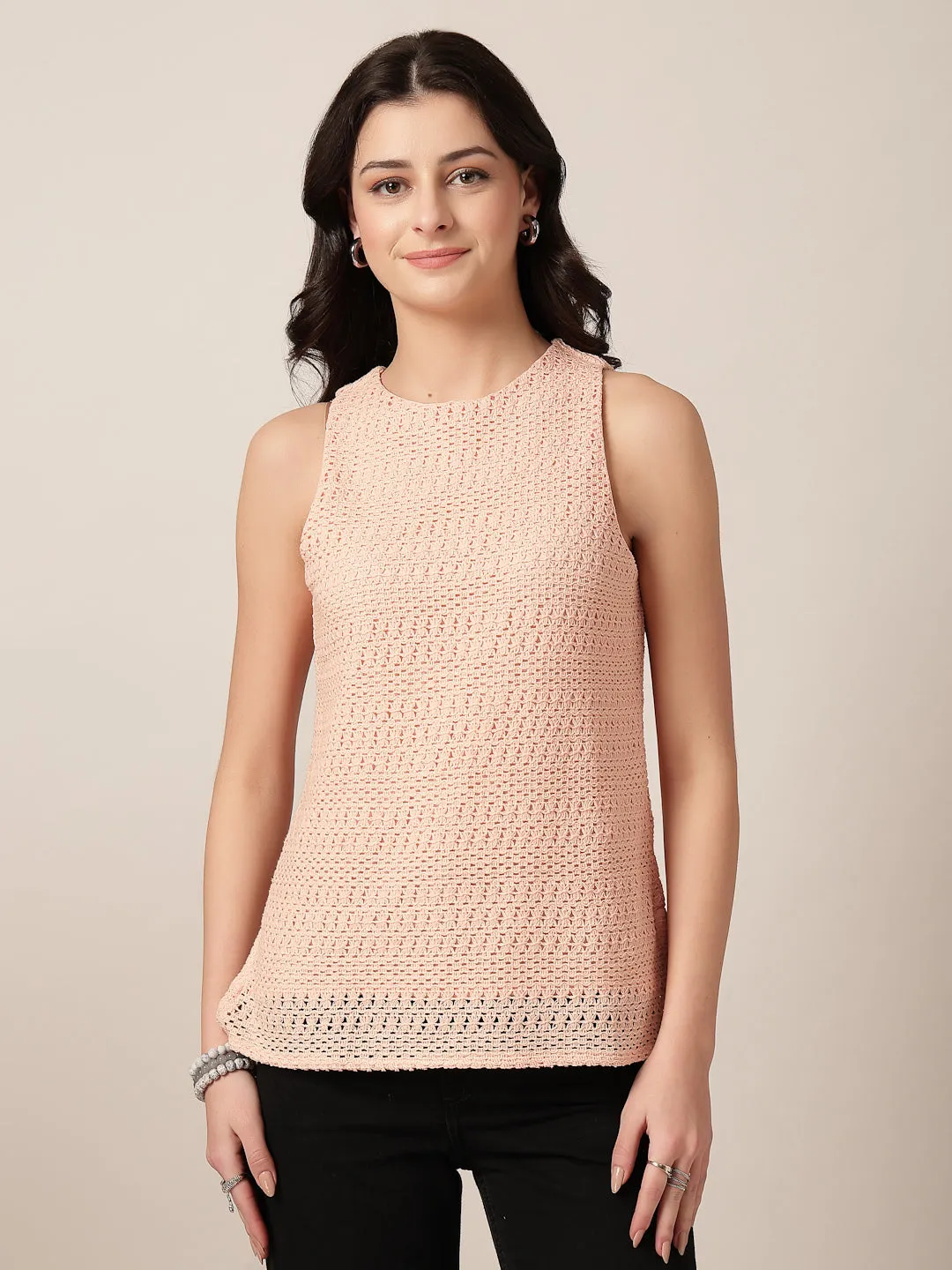 Style Quotient Women Peach Solid Self Design Top