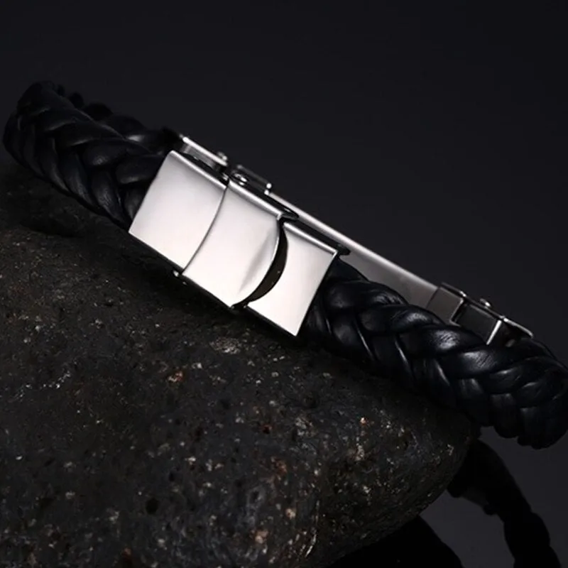 Stylish Men's Stainless Steel Leather Wrap Cuff Bracelet with Clasp