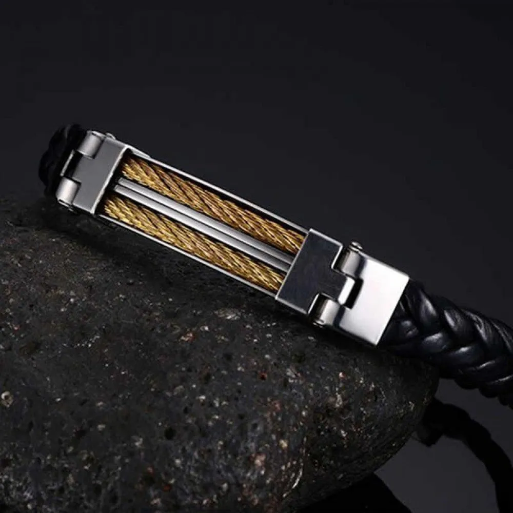Stylish Men's Stainless Steel Leather Wrap Cuff Bracelet with Clasp