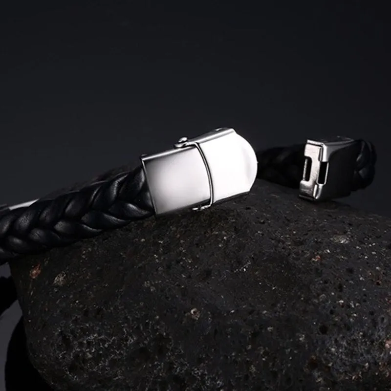 Stylish Men's Stainless Steel Leather Wrap Cuff Bracelet with Clasp