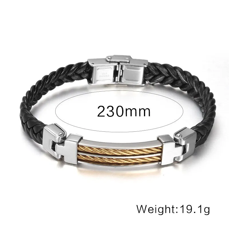 Stylish Men's Stainless Steel Leather Wrap Cuff Bracelet with Clasp