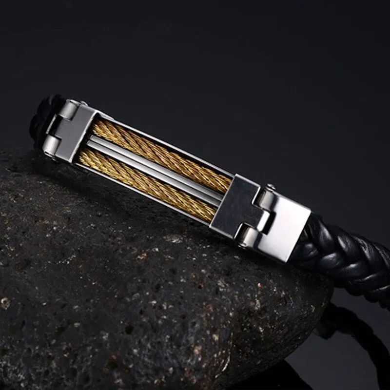 Stylish Men's Stainless Steel Leather Wrap Cuff Bracelet with Clasp