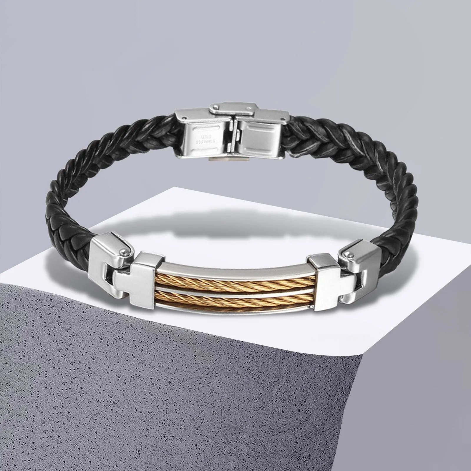 Stylish Men's Stainless Steel Leather Wrap Cuff Bracelet with Clasp