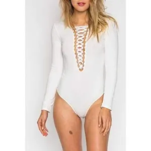 Stylish Plunging Collar Long Sleeve Solid Color Women's Romper - White L