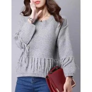 Stylish Scoop Neck Long Sleeve Solid Color Fringed Women's Sweater - Gray M
