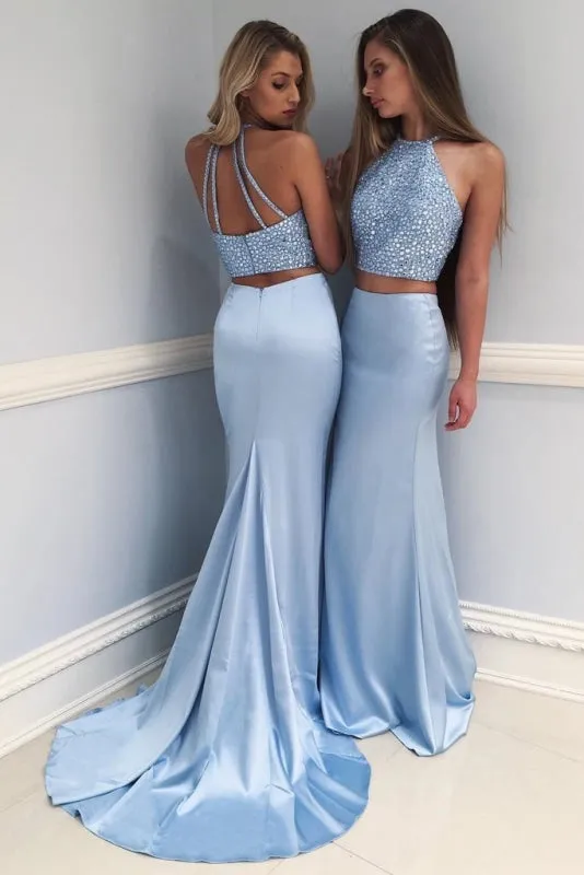 Stylish Sky Blue Two-Piece Beaded Long Prom Mermaid Evening Dress