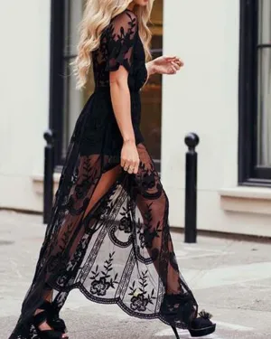 Tainted Rose Lace Maxi Dress in Black