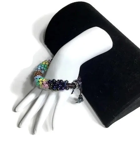 The multicolor flowers of the garden bracelet, handmade kumihimo wrislet, woman size, yellow,green,blue,pink,iris mix beads, macrame clasp,
