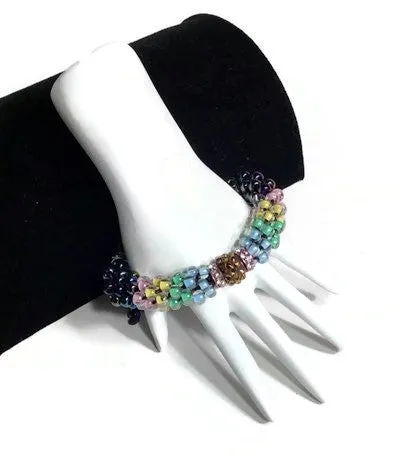 The multicolor flowers of the garden bracelet, handmade kumihimo wrislet, woman size, yellow,green,blue,pink,iris mix beads, macrame clasp,