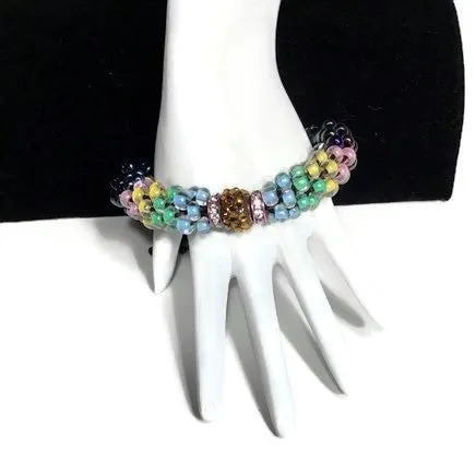 The multicolor flowers of the garden bracelet, handmade kumihimo wrislet, woman size, yellow,green,blue,pink,iris mix beads, macrame clasp,