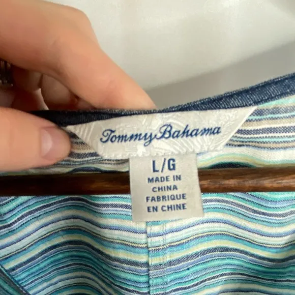 Tommy Bahama 100% Linen Sleeveless Dress Size L Striped Coastal Beach Pockets