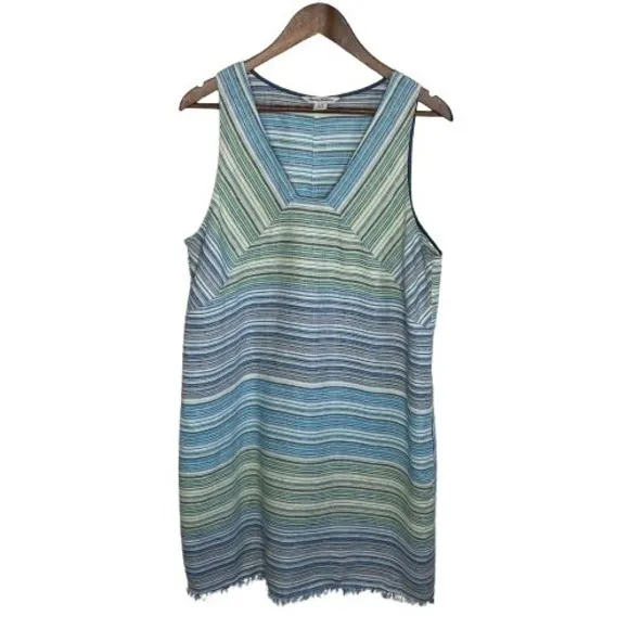 Tommy Bahama 100% Linen Sleeveless Dress Size L Striped Coastal Beach Pockets