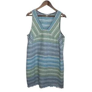 Tommy Bahama 100% Linen Sleeveless Dress Size L Striped Coastal Beach Pockets