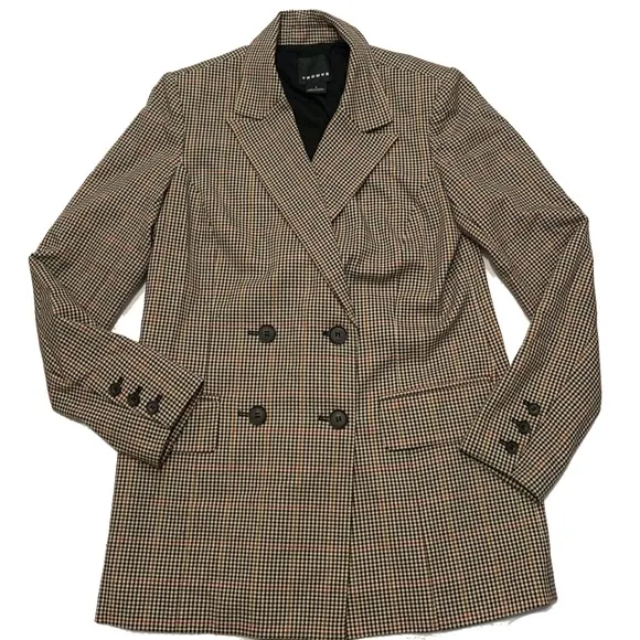 Trouve Brown Checkered Double-Breasted Blazer